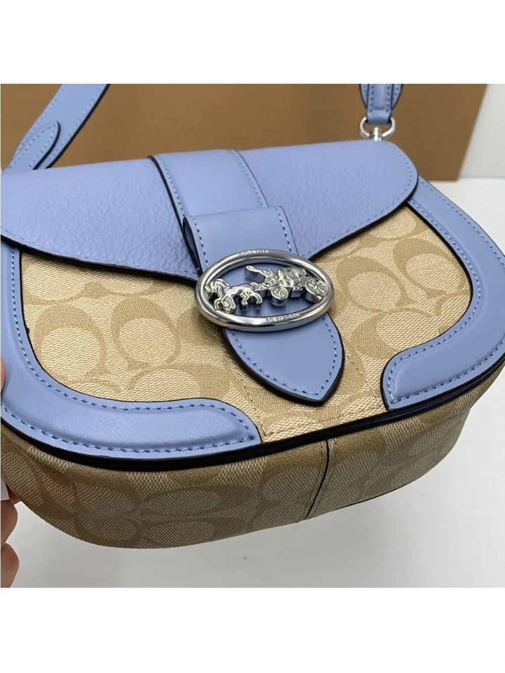 COACH Georgie Saddle Bag In Signat Canvas COLOR:
Silver/Light Khaki/Marble
Blue - Picture 10 of 16